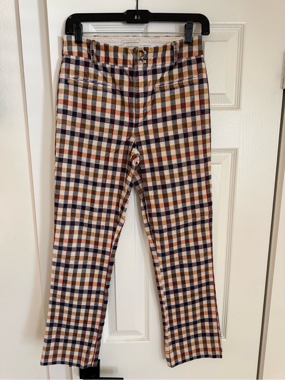 Anthropologie Corduroy Plaid Pants in Navy, Brown & Cream